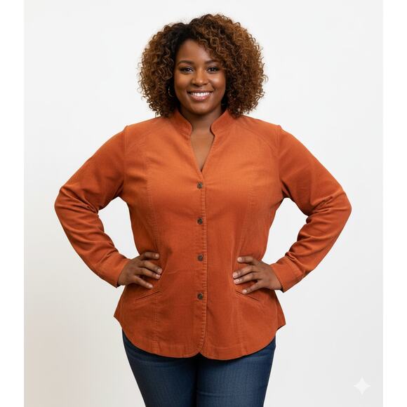 Vintage CJ Banks Woman 4x Burnt Orange Pumpkin Corduroy Button Front Blouse Top - Picture 1 of 6